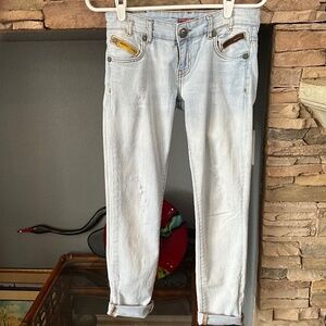 PHILLIP PLEIN WOMENS 28 LOW RISE DESTROYED RIPPED GOTH GRUNGE JEANS BLUE LT WASH